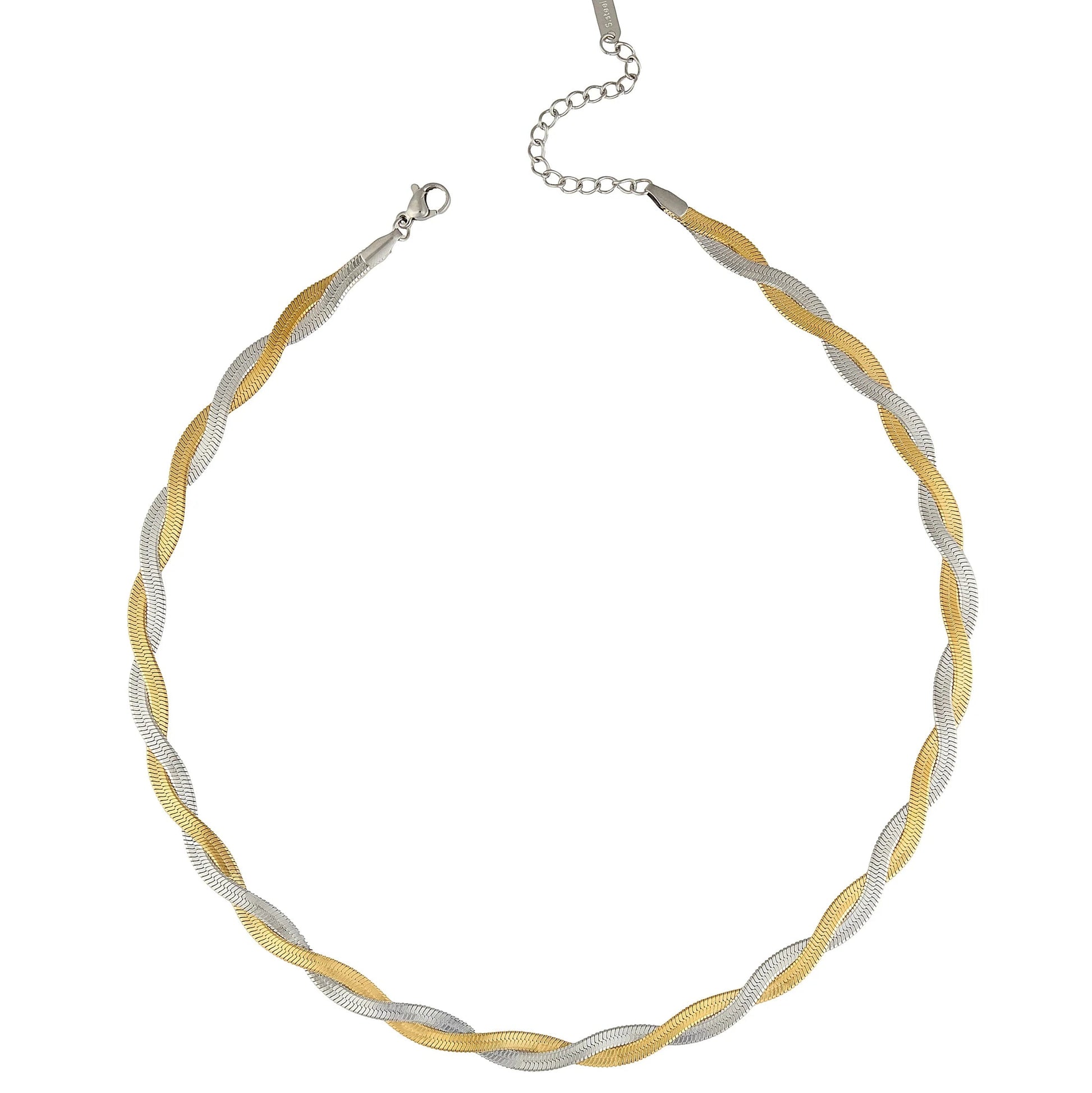 cadena o collar trenzado de escama en acero hipoalergénico y resistente al agua. Es bicolor plata y oro. Gold and silver plated stainless steel braid waterproof necklace.