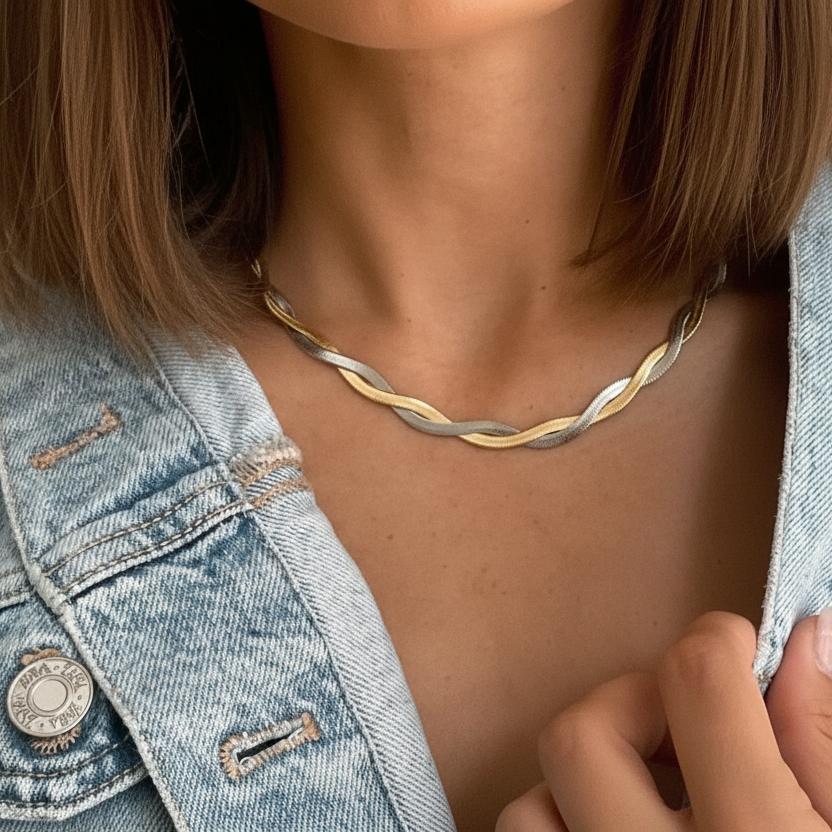 cadena o collar trenzado de escama en acero hipoalergénico y resistente al agua. Es bicolor plata y oro. Gold and silver plated stainless steel braid waterproof necklace.