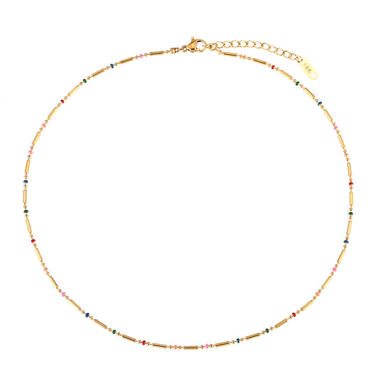 collar para verano de acero hipoalergénico resistente al agua dorado con bolitas de colores. Gold plated stainless steel color bead waterproof necklace for summer