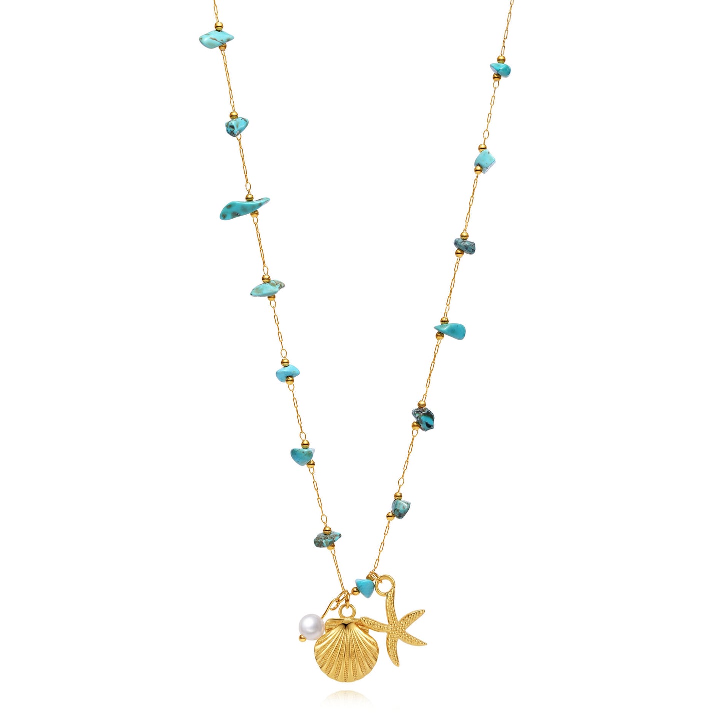 COLLAR waterproof o resistente al agua confeccionada en acero con baño de oro 18 kilates. Tiene abalorios de colores imitando piedra natural turqyesa y perla cultivada. también tiene colgantes de estrella de mar y concha. 