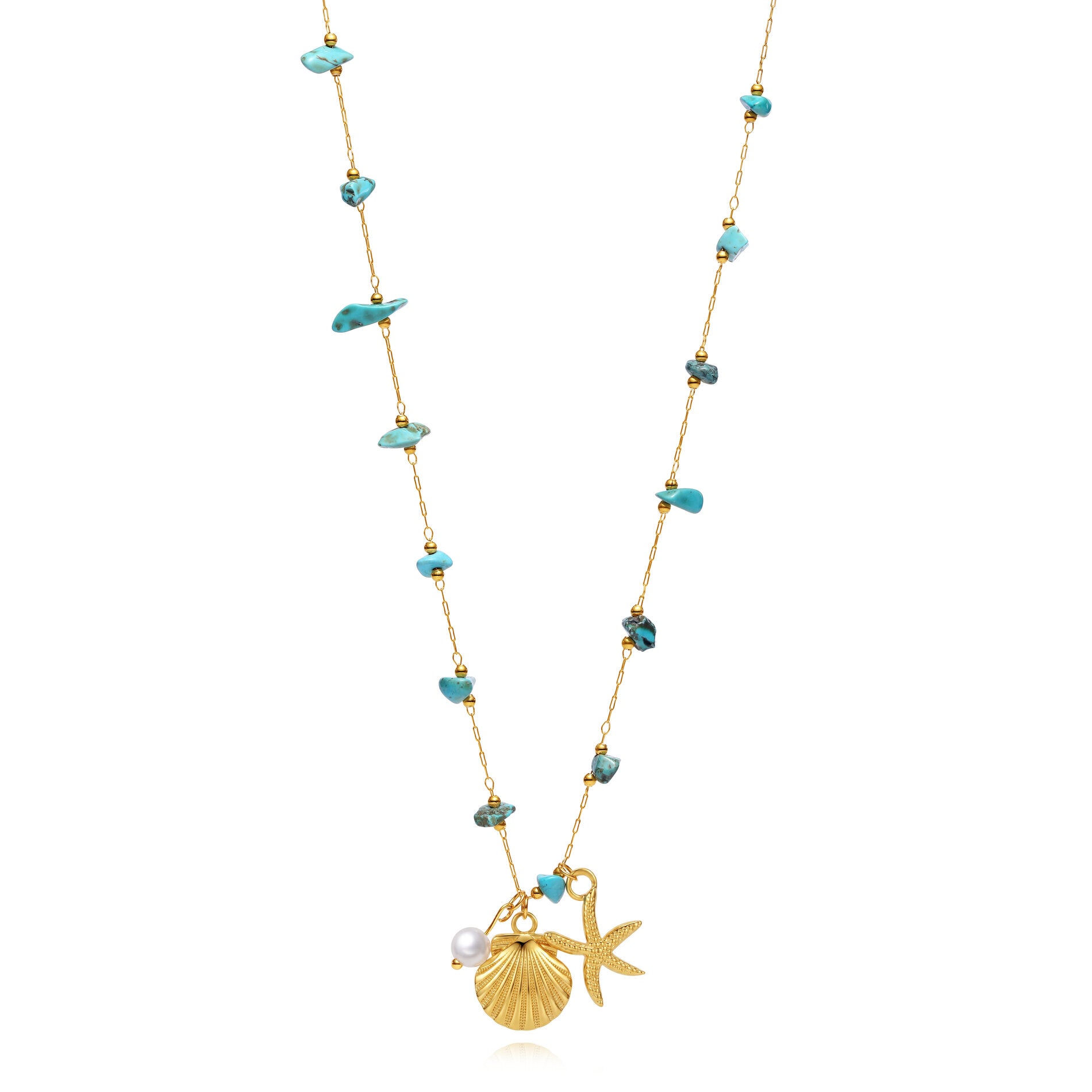 COLLAR waterproof o resistente al agua confeccionada en acero con baño de oro 18 kilates. Tiene abalorios de colores imitando piedra natural turqyesa y perla cultivada. también tiene colgantes de estrella de mar y concha. 