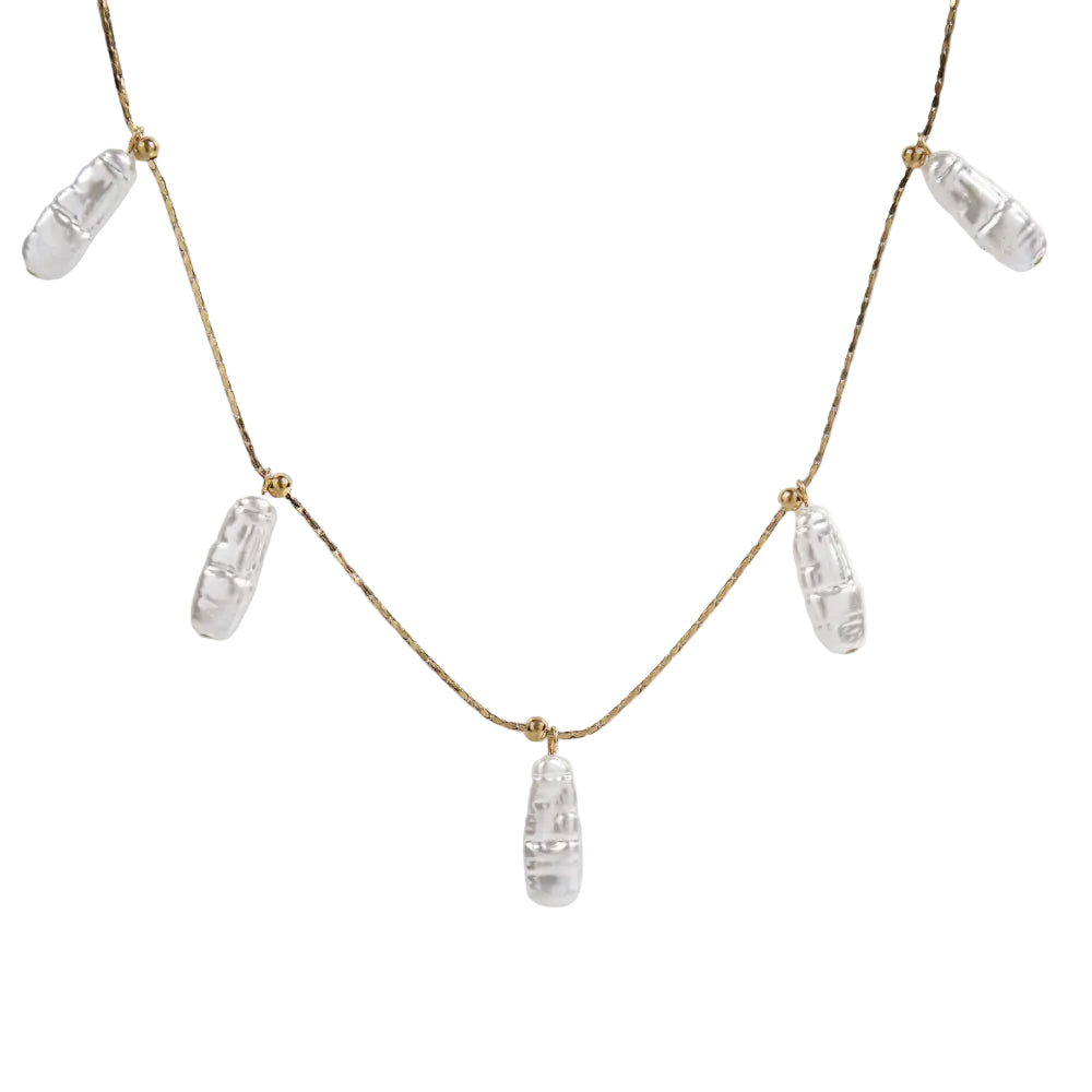 collar o gargantilla de acero dorado hipoalergénico con imitación de perlas. es DE ACERO HIPOALERGÉNICO Y RESISTENTE AL AGUA. sON UNos collares DE PERLAS PEQUEÑAS Y FINAS PAR REGALAR EN EL DÍA DE LA MADRE, DE AMIGO INVISIBLE O PARA UNA PRIMERA COMUNIÓN.