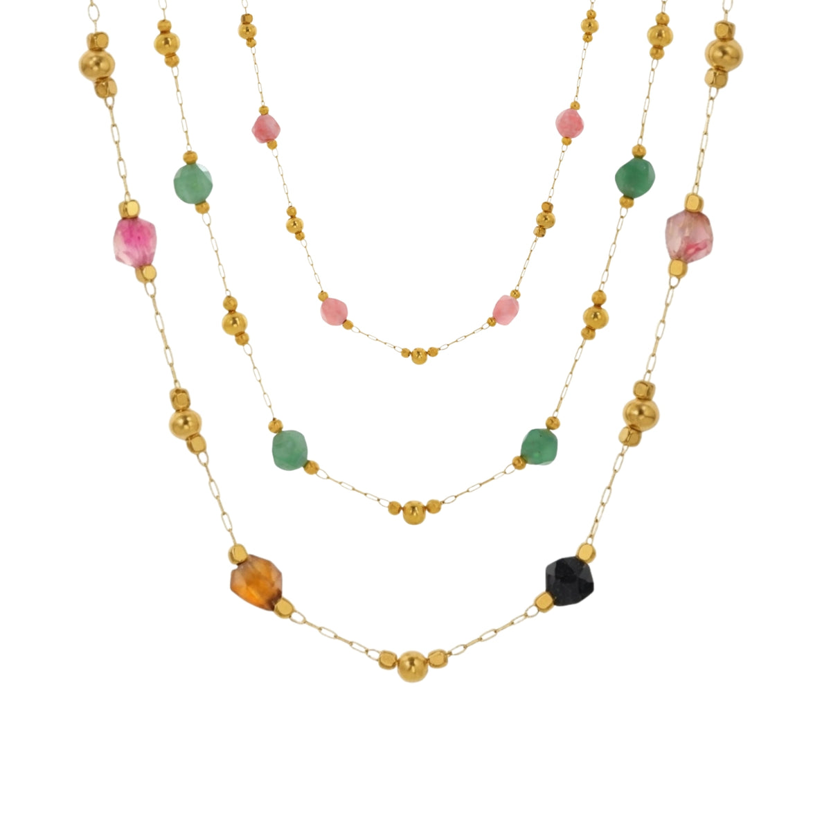 collar o gargantilla boho de acero hipoalergenico resistente al agua. tiene piedras naturales rodocrosita, aventurina, espinela y esta bañada en oro. Gold plated stainless steel turquoise and coral bead waterproof necklace