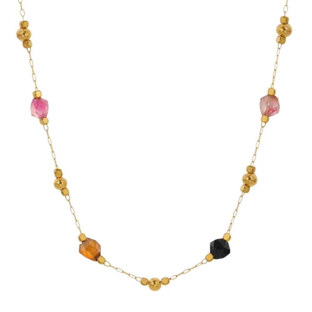 collar o gargantilla boho de acero hipoalergenico resistente al agua. tiene piedras naturales rodocrosita, aventurina, espinela y esta bañada en oro. Gold plated stainless steel turquoise and coral bead waterproof necklace