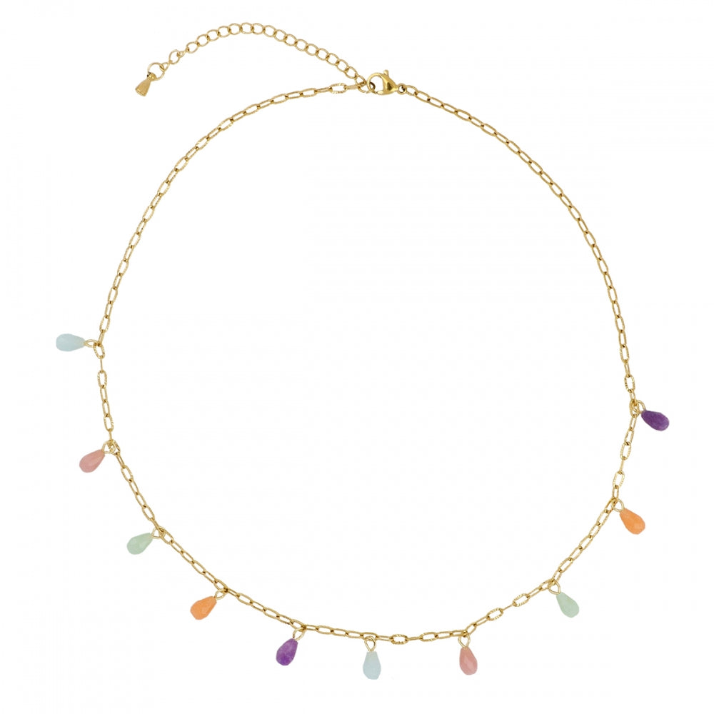 gargantilla fina de eslabones para primavera o verano con piedras mineral natural calcedonia azul, rosa, verde, naranja y amatista morada. es hipoalergénica y resistente al agua. Ideal para regalar. 
