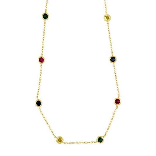 gargantilla de plata de ley con circonitas en círculo multicolor tipo punto de luz. Acabados en plata rodiada y baño de oro 18 kilates. Hipoalergénica. 