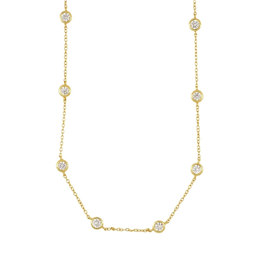 gargantilla de plata de ley con circonitas en círculo tipo punto de luz. Acabados en plata rodiada y baño de oro 18 kilates. Hipoalergénica. 