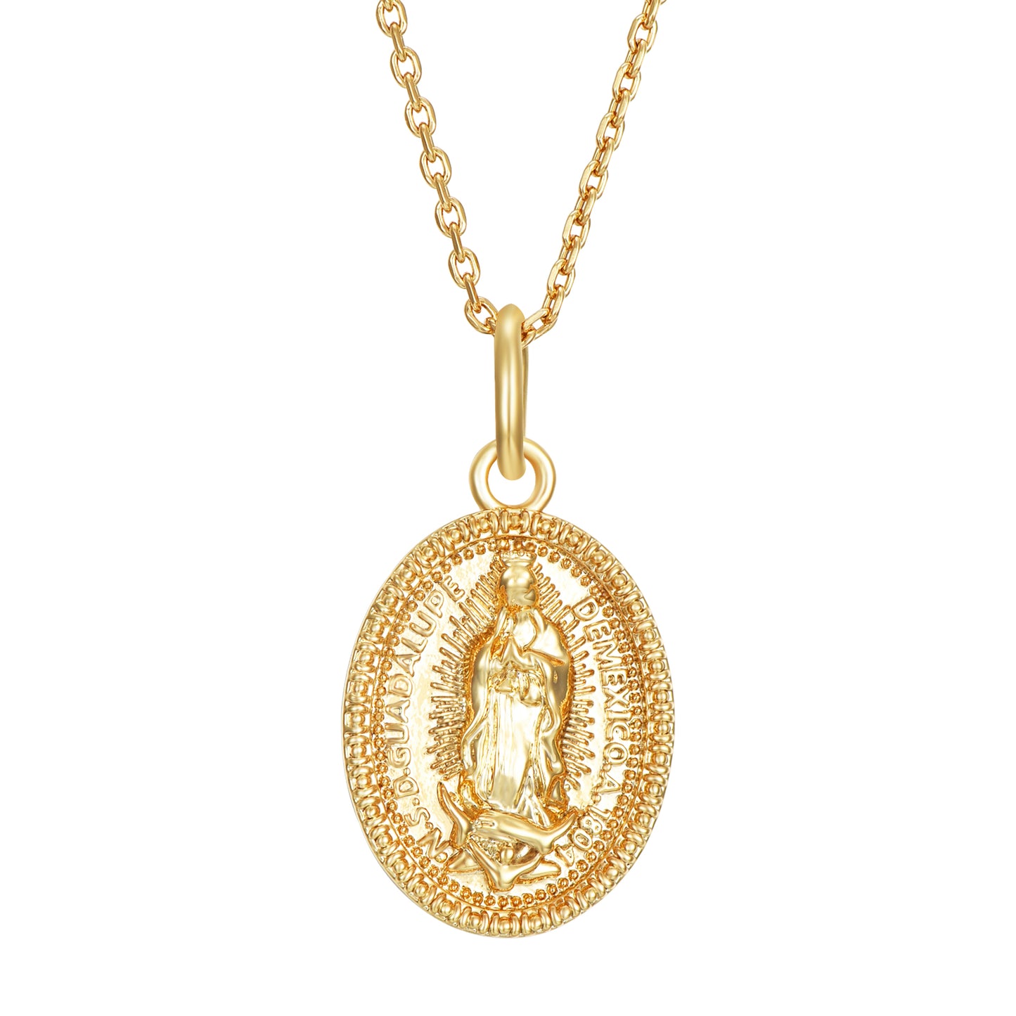 colgante con MEDALLA DE LA VIRGEN DE GUADALUPE. El material es acero inoxidable, quirúrgico e hipoalergénico color oro. Es un collar religioso católico perfecto para regalar en una primera comunión a niños y niñas. 