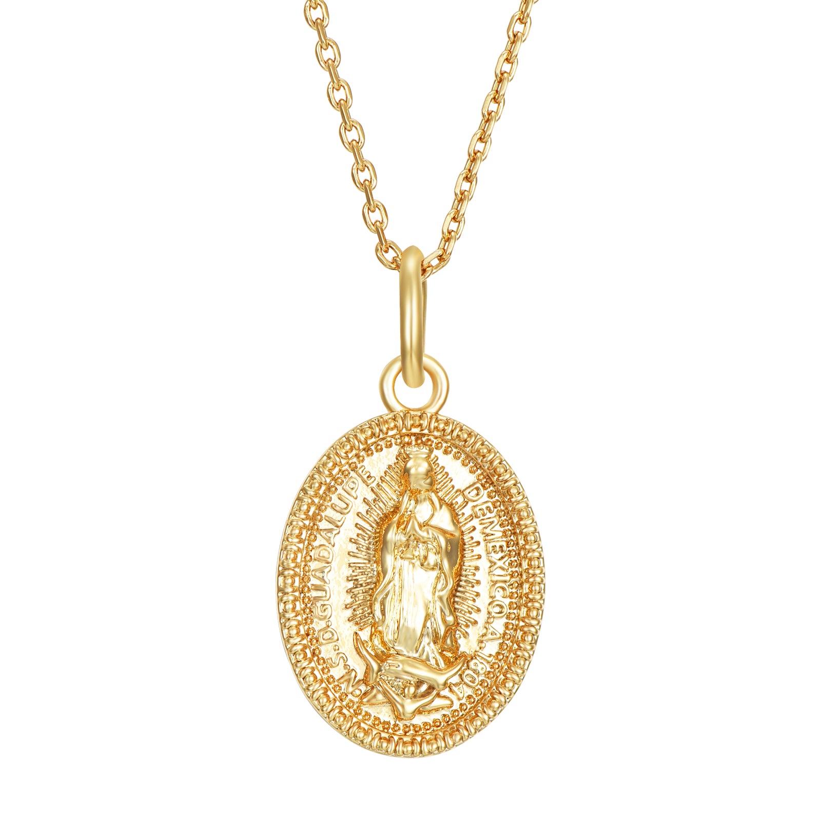 colgante con MEDALLA DE LA VIRGEN DE GUADALUPE. El material es acero inoxidable, quirúrgico e hipoalergénico color oro. Es un collar religioso católico perfecto para regalar en una primera comunión a niños y niñas. 