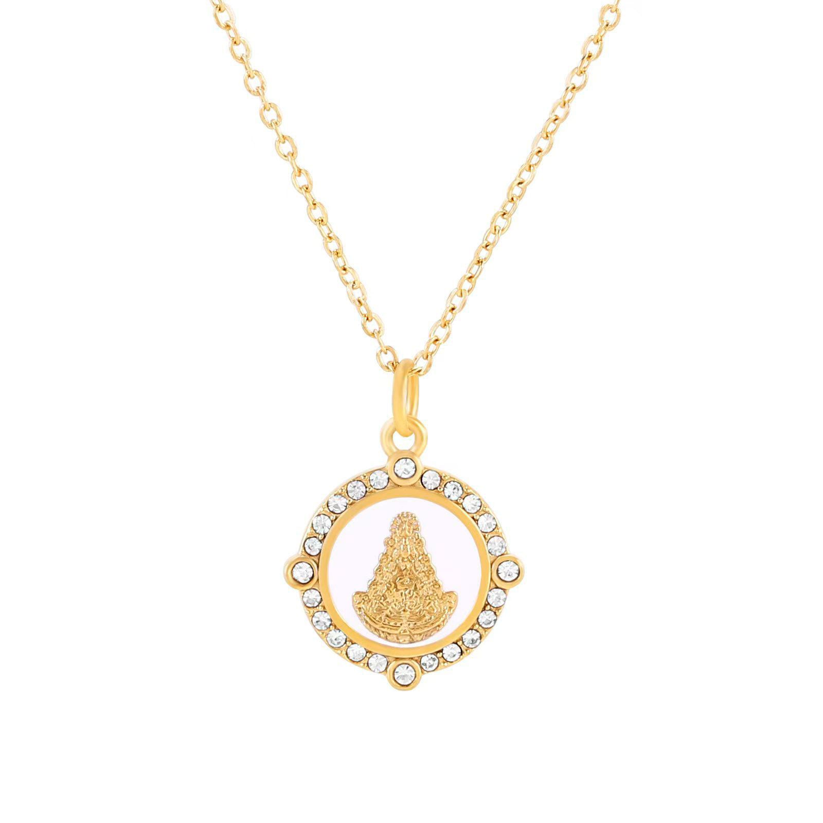 collar o cadena con medalla de la virgen del rosario y circonitas. Esta gargantilla está confeccionada en acero 316L hipoalergénico con baño de oro 18 kilates y es resistente al agua. Gold plated stainless steel virgin mary pendant necklace with natural mineral stone. 