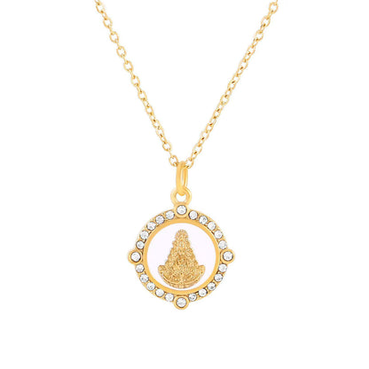 collar o cadena con medalla de la virgen del rosario y circonitas. Esta gargantilla está confeccionada en acero 316L hipoalergénico con baño de oro 18 kilates y es resistente al agua. Gold plated stainless steel virgin mary pendant necklace with natural mineral stone. 