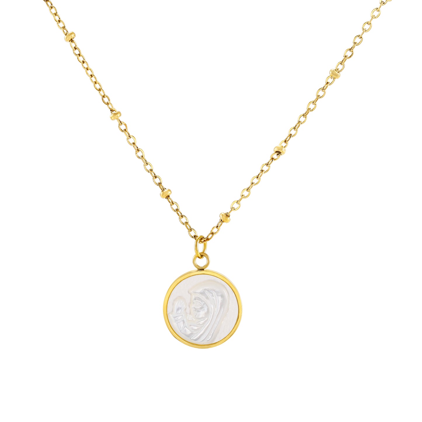 GARGANTILLA dorada con medalla de la virgen maria en nácar. Es de acero hipoalergénico y resistente al agua. 