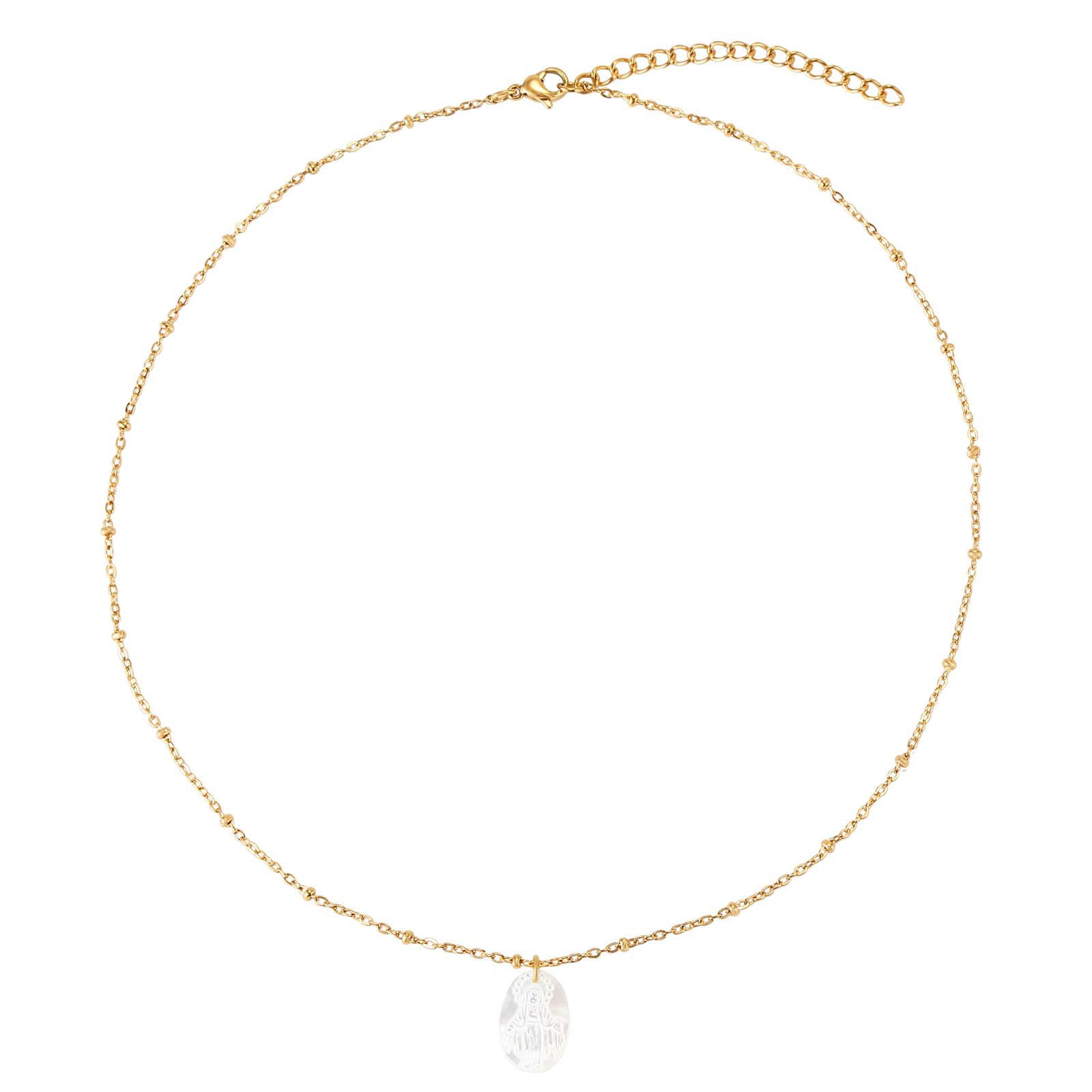 GARGANTILLA dorada con medalla ovalada de la virgen maria en nácar. Es de acero hipoalergénico y resistente al agua. 