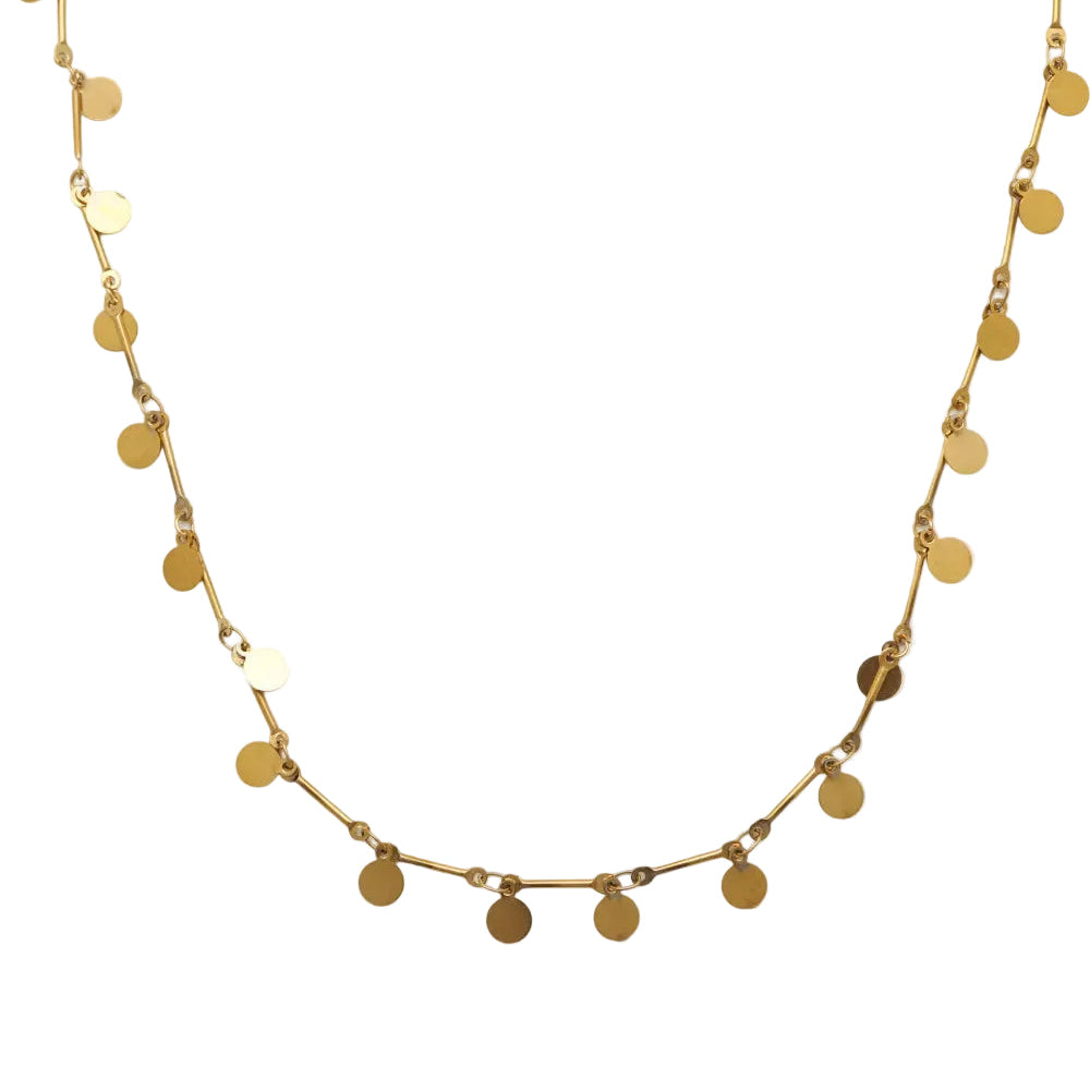 cadena o collar boho de chapitas colgantes hecho de acero hipoalergénico y resistente al agua. Es color oro. Gold plated stainless steel waterproof necklace