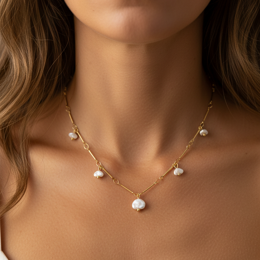 gargantilla boho de cadena dorada con perlas de río. es DE ACERO HIPOALERGÉNICO Y RESISTENTE AL AGUA. sON UNos collares DE PERLAS PEQUEÑAS Y FINAS PAR REGALAR EN EL DÍA DE LA MADRE, DE AMIGO INVISIBLE O PARA UNA PRIMERA COMUNIÓN.