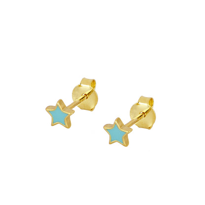 pendientes de verano con forma de estrella para niña en plata con baño de oro y esmalte azul turquesa o rosa. Son el regalo perfecto para niña de comunión. Gold plated sterling silver blue pink star piercing earrings