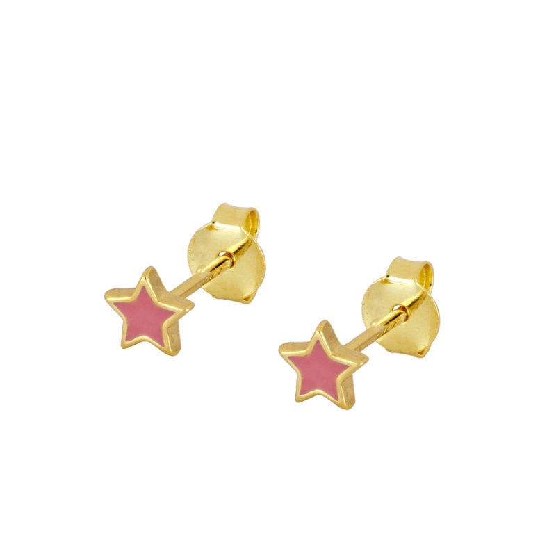 pendientes de verano con forma de estrella para niña en plata con baño de oro y esmalte azul turquesa o rosa. Son el regalo perfecto para niña de comunión. Gold plated sterling silver blue pink star piercing earrings