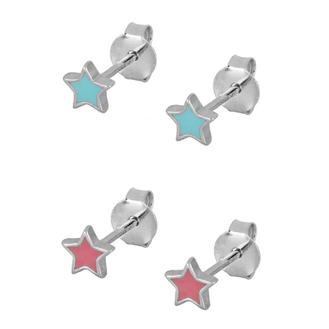 pendientes de verano con forma de estrella para niña en plata con baño de oro y esmalte azul turquesa o rosa. Son el regalo perfecto para niña de comunión. Gold plated sterling silver blue pink star piercing earrings