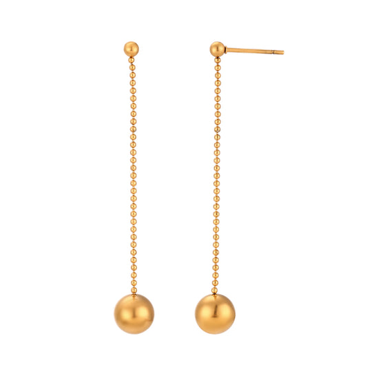 pendientes largos de fiesta para una invitada a boda o evento. Son de cadena larga con bola colgante en acero hipoalergénico resistente al agua. Gold plated stainless steel long wrecking ball earrings