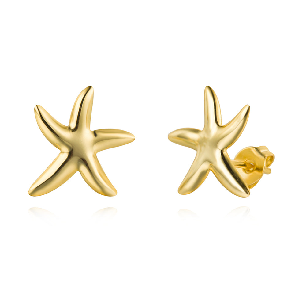 pendientes de estrella de mar para verano. Son de plata de ley 925 con baño de oro 18 kilates. Hipoalergénicos. GOld plated sterling silver starfish earrings