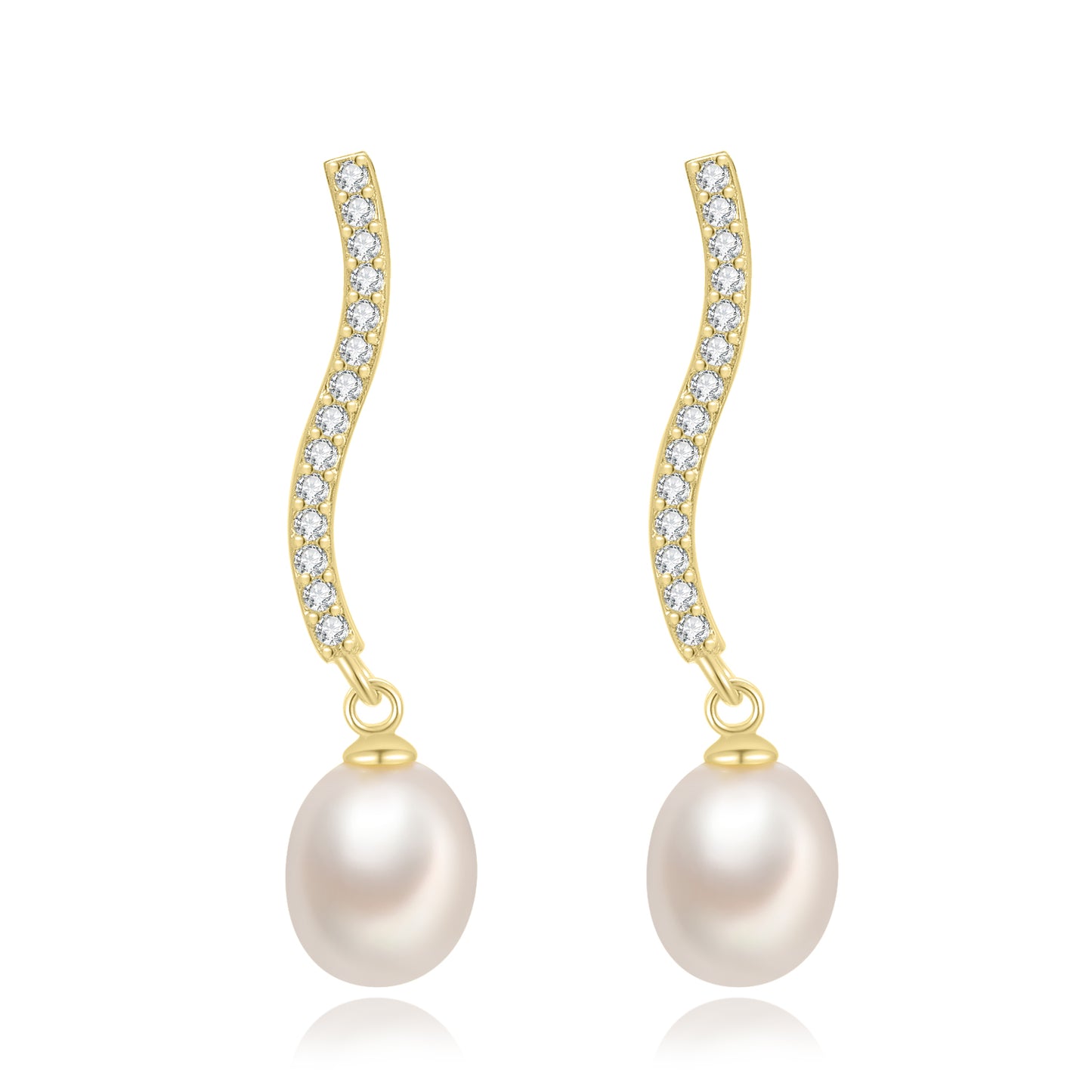 pendientes de fiesta largos con brillantes tipo tenis con perla es de plata de ley con baño de oro 18 kilates. gold plated sterling silver long zircon and pearl tennis chain holiday earrings