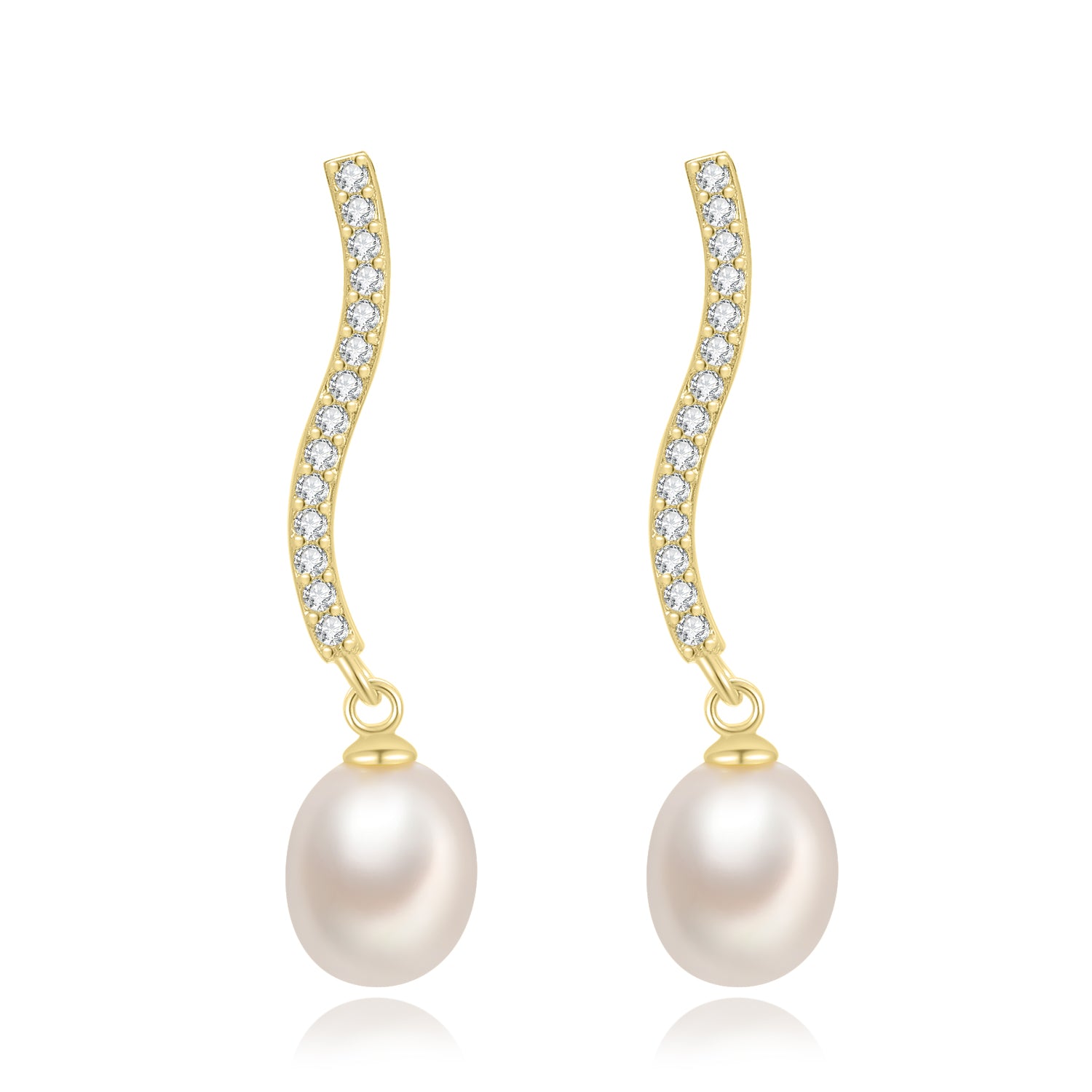 pendientes de fiesta largos con brillantes tipo tenis con perla es de plata de ley con baño de oro 18 kilates. gold plated sterling silver long zircon and pearl tennis chain holiday earrings