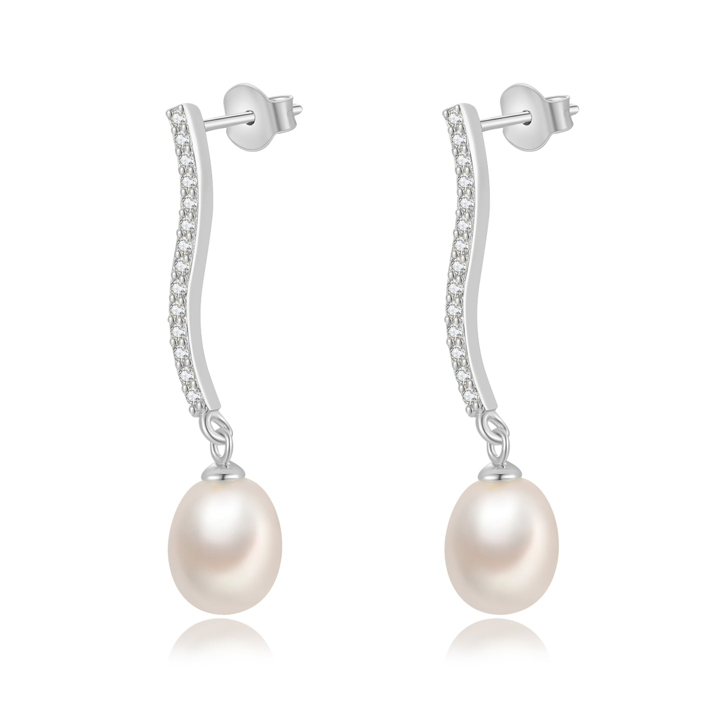 pendientes de fiesta largos con brillantes tipo tenis con perla es de plata de ley con baño de oro 18 kilates. gold plated sterling silver long zircon and pearl tennis chain holiday earrings