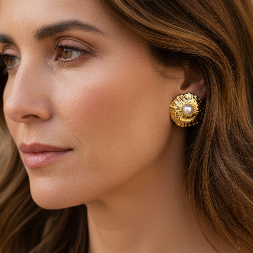 pendientes ligeros de lapa o concha con perla. Son de acero hipoalergénico y resistente al agua. Acabado dorado y plateado. Ideales para invitada a boda, bautizo o comunión. 
