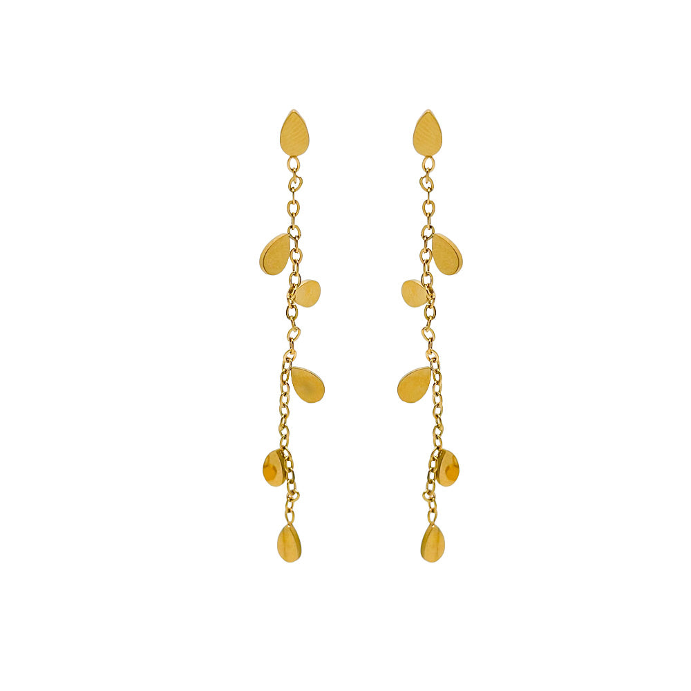 pendientes largos de cadena para adultas, niñas y adolescentes. No pesan nada. Son de cadena larga con hojitas colgantes en acero hipoalergénico resistente al agua. Gold plated stainless steel long pendant earrings