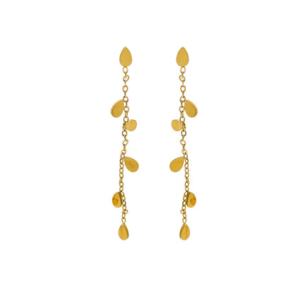 pendientes largos de cadena para adultas, niñas y adolescentes. No pesan nada. Son de cadena larga con hojitas colgantes en acero hipoalergénico resistente al agua. Gold plated stainless steel long pendant earrings