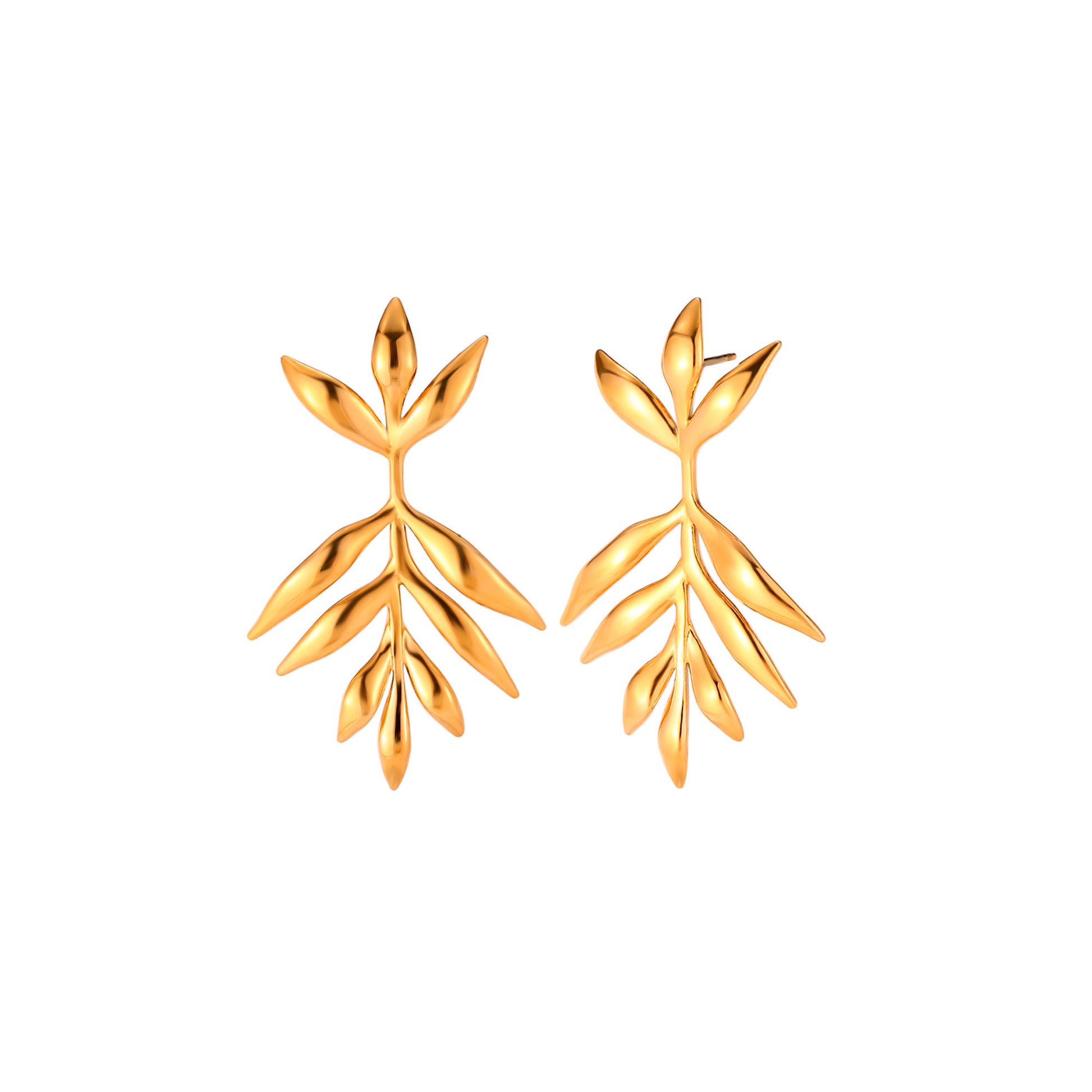 pendientes grandes para invitada a bodas o eventos. Tiene forma de hojas en caida de media luna. Son de acero hipoalergenico y resistente al agua. Acabado en dorado y plateado. No pesan, son ligeros y especiales para oreja rasgada.
