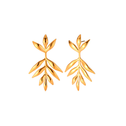 pendientes grandes para invitada a bodas o eventos. Tiene forma de hojas en caida de media luna. Son de acero hipoalergenico y resistente al agua. Acabado en dorado y plateado. No pesan, son ligeros y especiales para oreja rasgada.