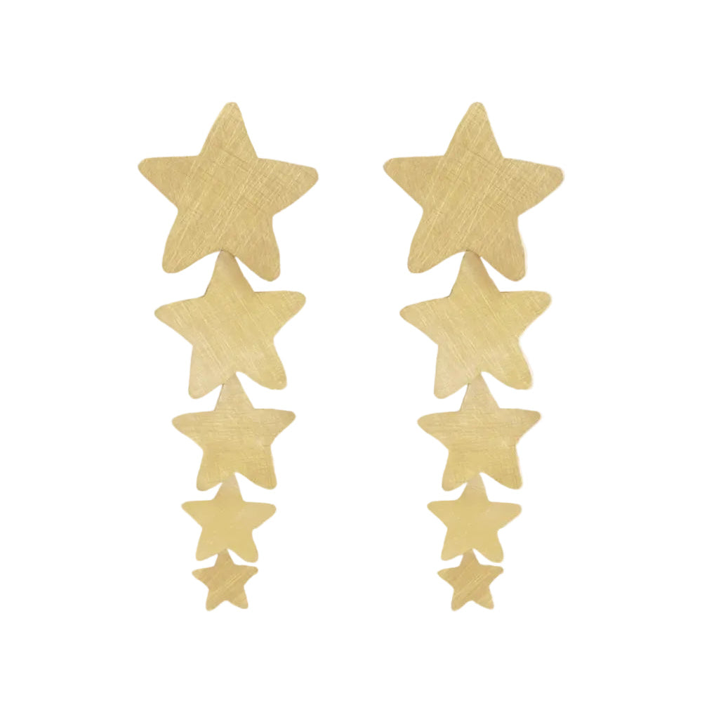 pendientes largos de fiesta o invitada a boda. Son de estrellas colgantes en acero quirúrgico, inoxidable e hipoalergénico. Resistentes al agua y en acabado dorado para fiestas y eventos de noche. 