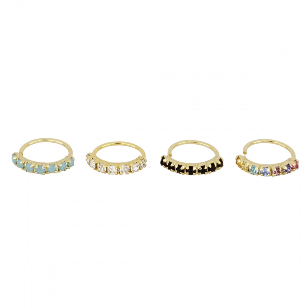 pendiente de piercing con aro flexible y brillante que es fácil de poner. es de plata de ley con baño de oro 18 kilates. Colores disponibles: blanco, negro, azul turquesa y multicolor. Gold hoop huggie piercing earring