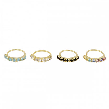 pendiente de piercing con aro flexible y brillante que es fácil de poner. es de plata de ley con baño de oro 18 kilates. Colores disponibles: blanco, negro, azul turquesa y multicolor. Gold hoop huggie piercing earring