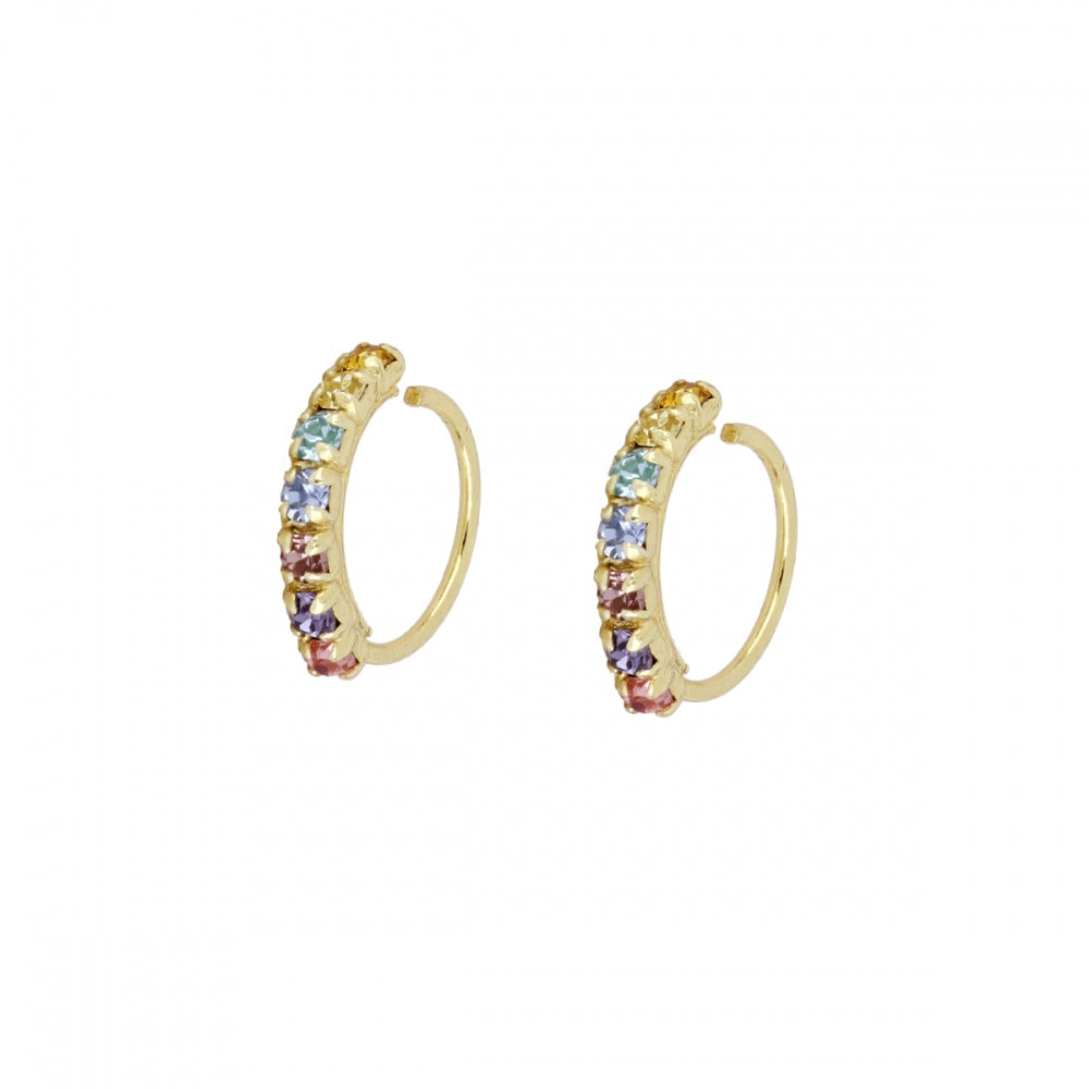 pendiente de piercing con aro flexible y brillante que es fácil de poner. es de plata de ley con baño de oro 18 kilates. Colores disponibles: blanco, negro, azul turquesa y multicolor. Gold hoop huggie piercing earring