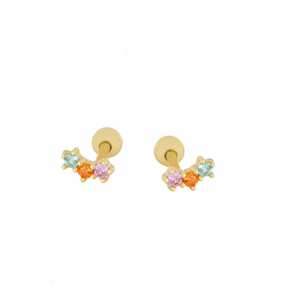piercing anti alergia con cierre de bola trasera para cartílago como helix, tragus, daith, conch o rook. Está confeccionado en plata de ley con baño de oro 18 kilates y circonitas multicolor. Gold plated sterling silver zircon cartilage piercing