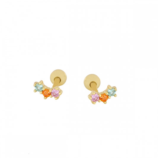 piercing anti alergia con cierre de bola trasera para cartílago como helix, tragus, daith, conch o rook. Está confeccionado en plata de ley con baño de oro 18 kilates y circonitas multicolor. Gold plated sterling silver zircon cartilage piercing
