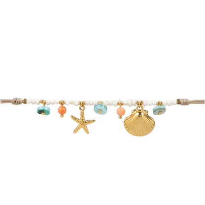 pulsera waterproof o resistente al agua confeccionada con cordón marrón y abalorios de perla, acero con baño de oro 18 kilates.  Cierre ajustable, colgante de concha, caracola, estrella de mar y abalorios de colores (CORAL, azul TURQUESA, naranja)