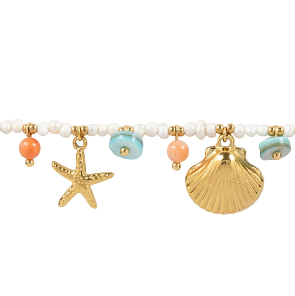 pulsera waterproof o resistente al agua confeccionada con cordón marrón y abalorios de perla, acero con baño de oro 18 kilates.  Cierre ajustable, colgante de concha, caracola, estrella de mar y abalorios de colores (CORAL, azul TURQUESA, naranja)