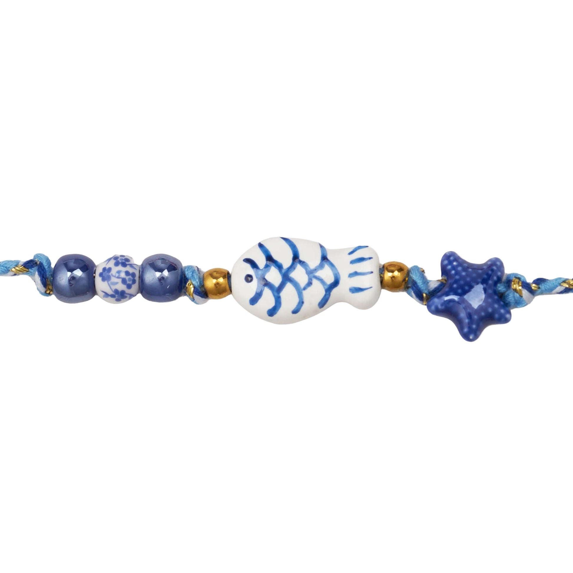 pulsera DE VERANO waterproof o resistente al agua confeccionada con cordón de algodón, abalorios de cerámica y acero dorado.  Cierre ajustable, colgante de estrella de mar y pez azul y blanco. Ideal para regalar a mujeres, niñas y adolescentes en vacaciones.