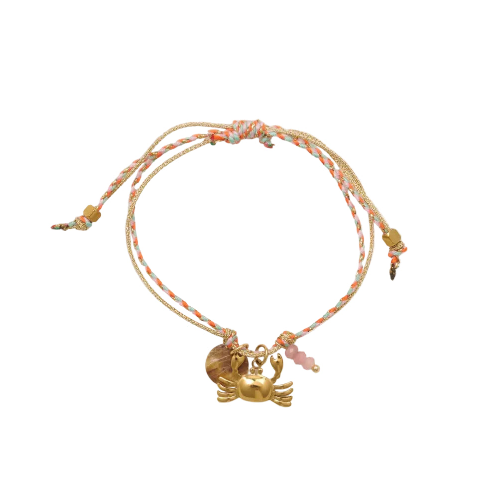 pulsera waterproof o resistente al agua confeccionada con cordón dorado y rosa con abalorios de piedra natural y acero dorado.  Cierre ajustable, colgante de concha, pez, cangrejo y abalorios de colores (CORAL, azul TURQUESA, naranja)