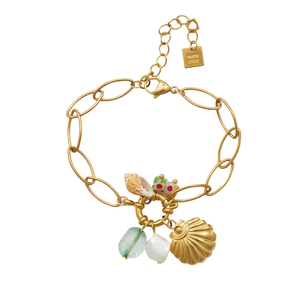 pulsera waterproof o resistente al agua confeccionada EN CADENA DE Oeslabones grande de acero con baño de oro 18 kilates.  Cierre frontal con colgante de concha y abalorios de colores (CORAL, azul TURQUESA, naranja rojo Y VERDE)