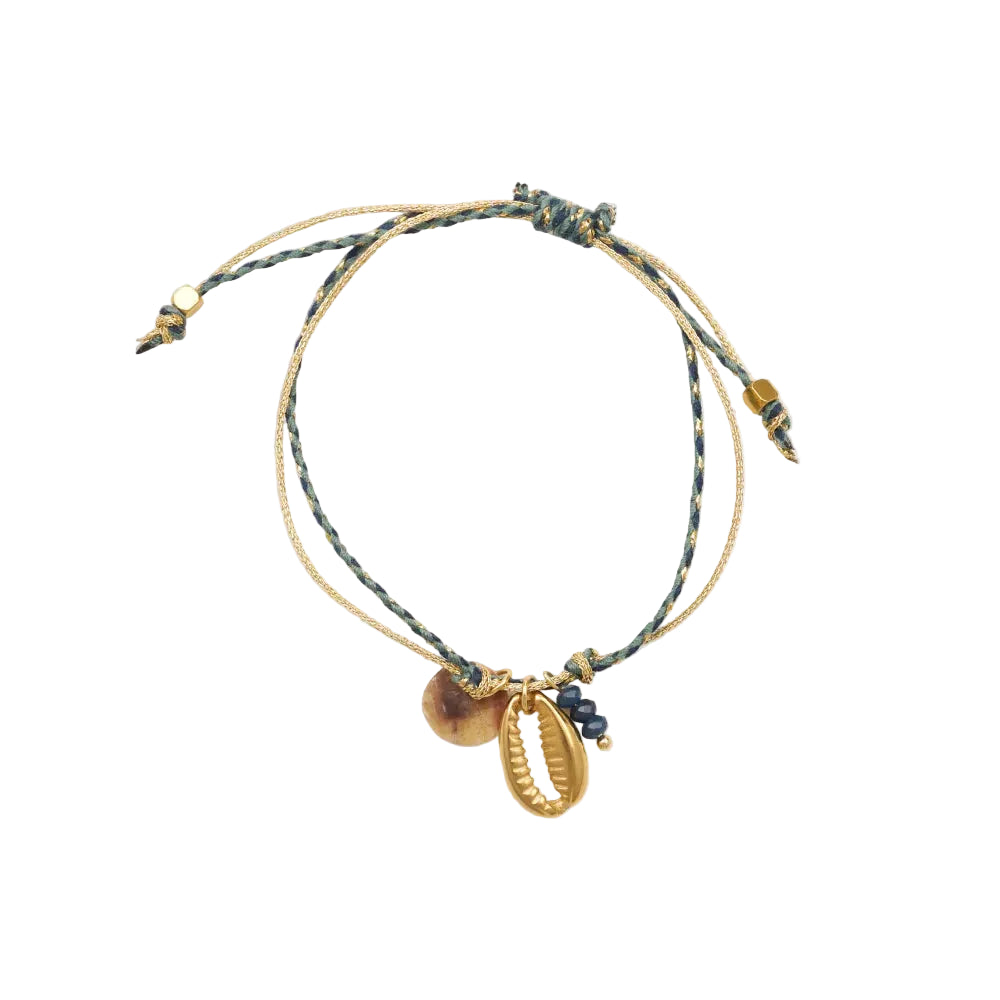 pulsera waterproof o resistente al agua confeccionada con cordón dorado y azul con abalorios de piedra natural y acero dorado.  Cierre ajustable, colgante de concha, pez, cangrejo y abalorios de colores (CORAL, azul TURQUESA, naranja)