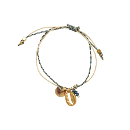 pulsera waterproof o resistente al agua confeccionada con cordón dorado y azul con abalorios de piedra natural y acero dorado.  Cierre ajustable, colgante de concha, pez, cangrejo y abalorios de colores (CORAL, azul TURQUESA, naranja)