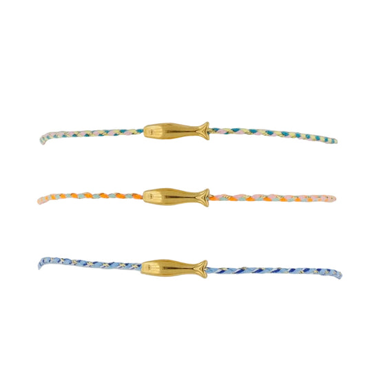 pulsera waterproof o resistente al agua confeccionada con cordón dorado y rosa con abalorios de piedra natural y acero dorado.  Cierre ajustable, colgante de concha, pez, cangrejo y abalorios de colores (CORAL, azul TURQUESA, naranja, verde, marrón)