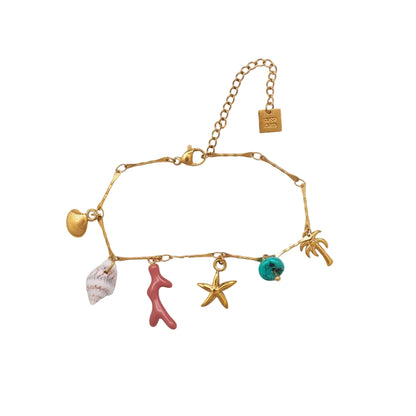 pulsera waterproof o resistente al agua confeccionada EN CADENA DE Oeslabones grande de acero con baño de oro 18 kilates.  Cierre frontal con colgante de concha, caracola, palmera  y abalorios de colores (CORAL, azul TURQUESA, naranja rojo Y VERDE)