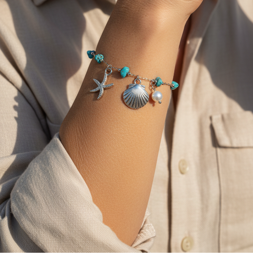 pulsera waterproof o resistente al agua confeccionada en acero con baño de oro 18 kilates. Tiene abalorios de colores imitando piedra natural turqyesa y perla cultivada. también tiene colgantes de estrella de mar y concha. 
