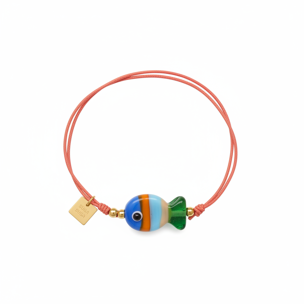 pulsera de verano de goma elástica con pez de cerámica a rayas de colores azul verde y naranja