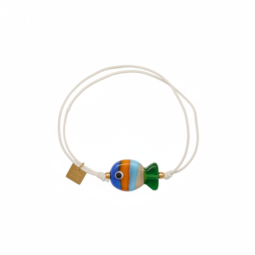 pulsera de verano de goma elástica con pez de cerámica a rayas de colores azul verde y naranja